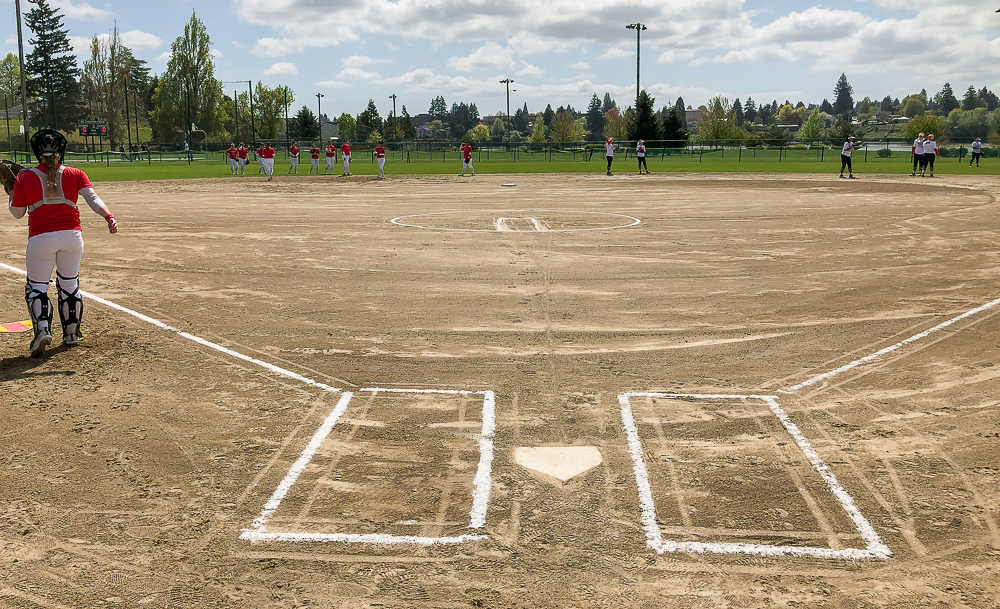 From behind home plate at Lion's Field softball diamond
