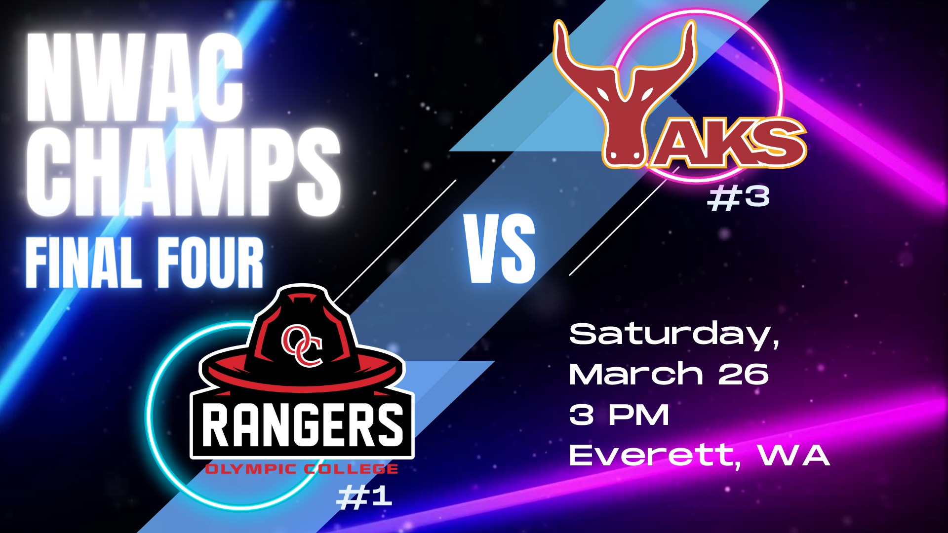 NWAC Champs Final Four. Olympic College Ranger logo vs Yakima Valley Yaks logo. Saturday March 26, 3pm, Everett, WA