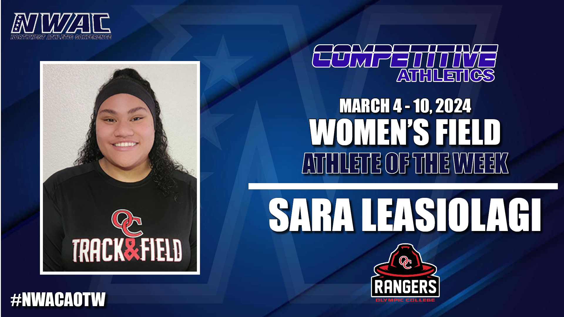 Competitive Athletics, March 4-10
Women's Field
Athlete of the Week
Sara Leasiolagi
#NWACAOTW