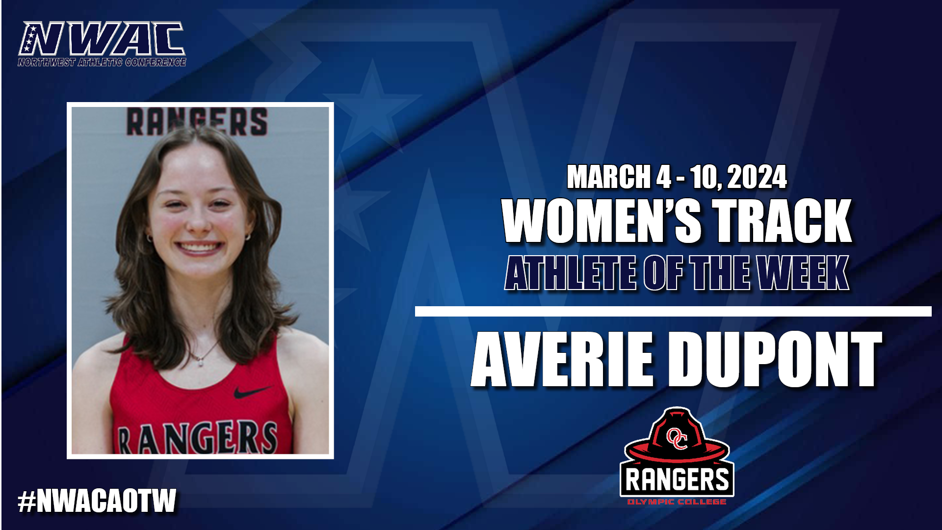 NWAC
March 4-10
Women's Track
Athlete of the week
Averie Dupont
#NWACAOTW