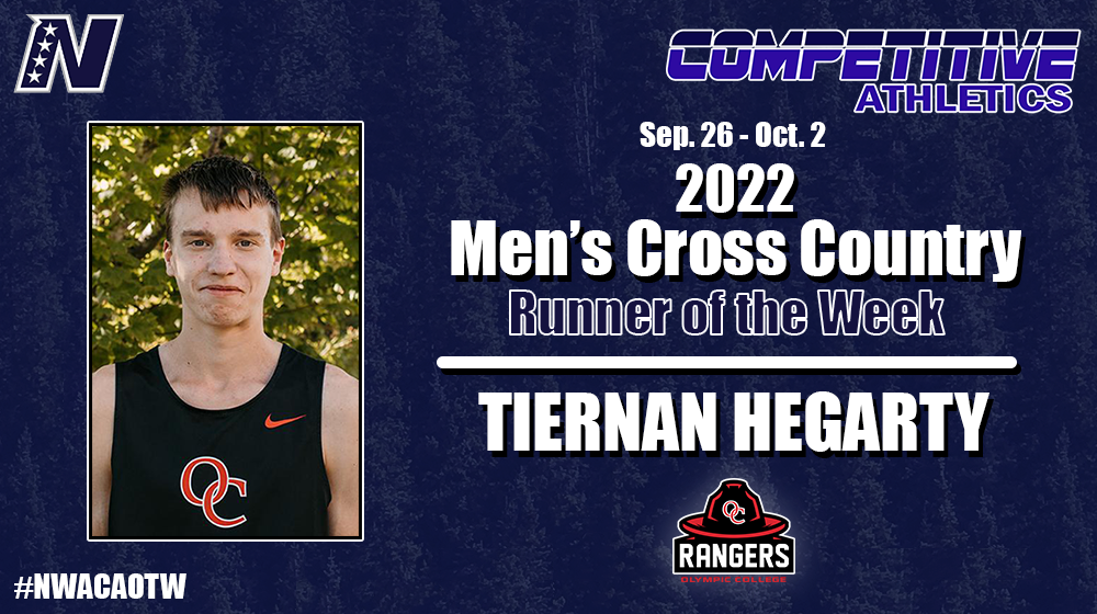 Headshot of Tiernan Hegarty on the left with the NWAC logo above. On the right are the competitive athletics logo with Sept 26-Oct 2, 2022 Men's Cross Country Runner of the Week.